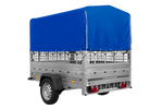 Einachsanhänger auf Federn 200x125 UNITRAILER GARDEN 201/R KIPP mit Gitterwänden, H-800-Rahmen und blauer Plane