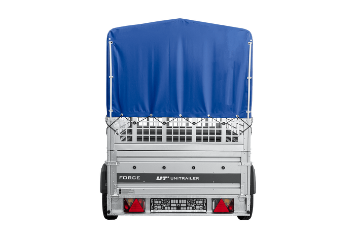 Autotransportanhänger auf Federn 230x125 UNITRAILER FORCE 230/R KIPP mit Gitterwänden, H-800 Rahmen und blauer Plane