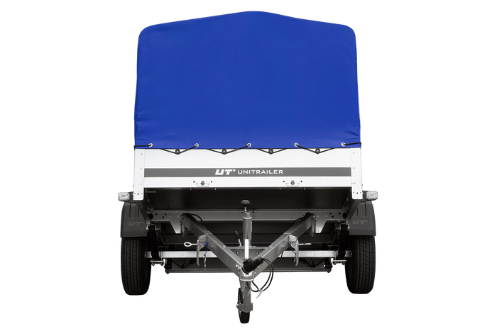 Einachsanhänger auf Blattfedern 200x125 UNITRAILER GARDEN 201/R KIPP mit H-800-Rahmen und blauer Plane