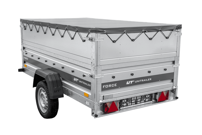 Leichter Anhänger 230x125 UNITRAILER FORCE 230 KIPP mit BIS-Seitenwänden, H-0-Rahmen und grauer Plane