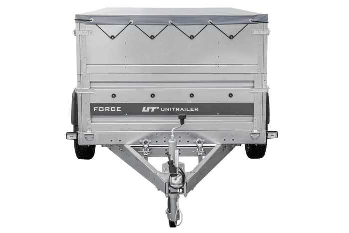 Autotransportanhänger auf Federn 230x125 UNITRAILER FORCE 230/R KIPP mit BIS-Seitenwänden, H-0-Rahmen und grauer Plane