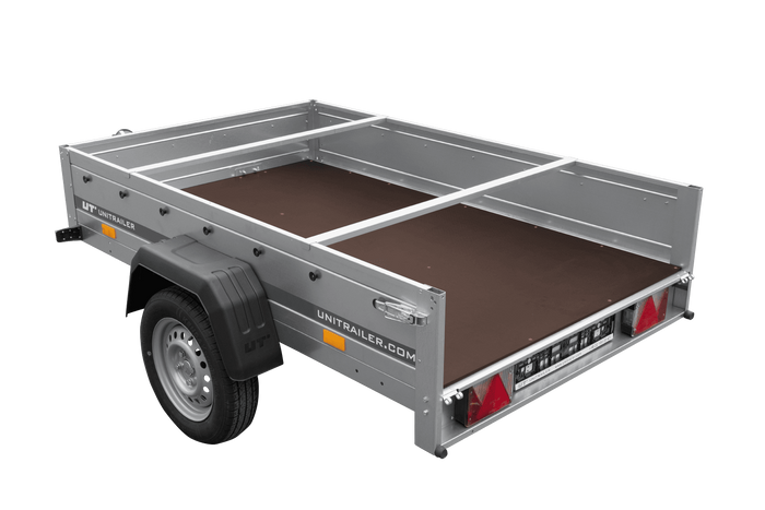 PKW-Anhänger 200x125 UNITRAILER GARDEN 201 KIPP mit grauer Flachplane und Flachplanenträger