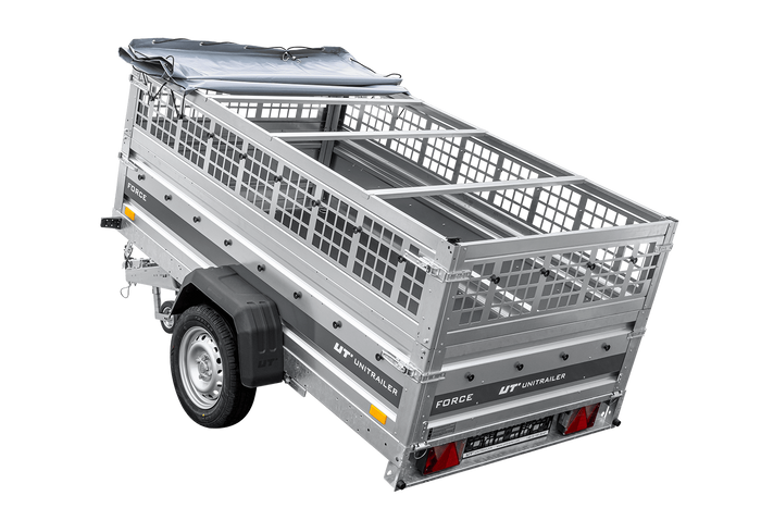 Leichter Anhänger auf Federn 230x125 UNITRAILER FORCE 230/R KIPP mit Gitterwänden, H-0-Rahmen und grauer Plane