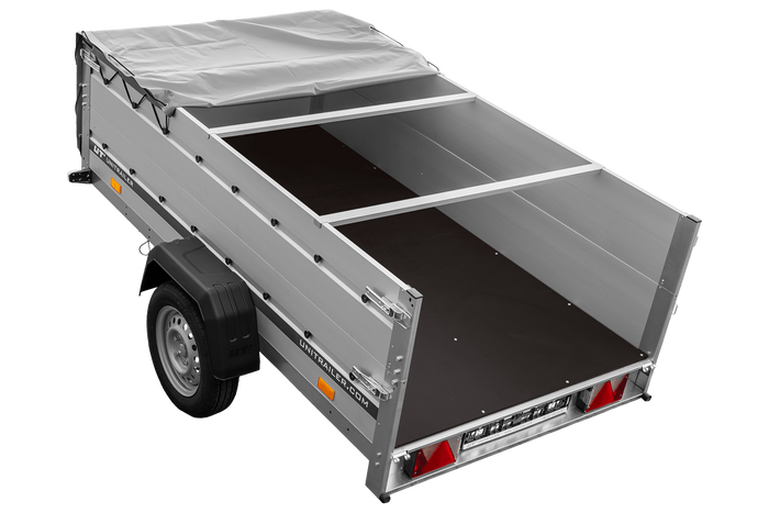 Einachsanhänger mit Aluminiumwänden 230x125 Unitrailer Garden 230 KIPP ALU mit BIS-Seitenwänden, H-0-Rahmen und grauer Plane
