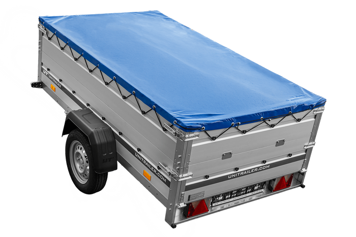 Einachsanhänger mit Aluminiumseitenwänden 230x125 Unitrailer Garden 230 KIPP ALU mit BIS-Seitenwänden, H-0-Rahmen und blauer Plane