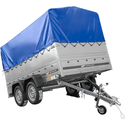Leichter Anhänger 264x150 UNITRAILER GARDEN 265/2 KIPP mit BIS-Seitenwänden, H-800-Rahmen und blauer Plane