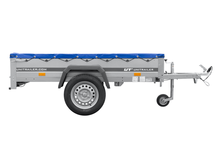 PKW-Anhänger 200x125 UNITRAILER GARDEN 201 KIPP mit blauer Flachplane und Flachplanenträger