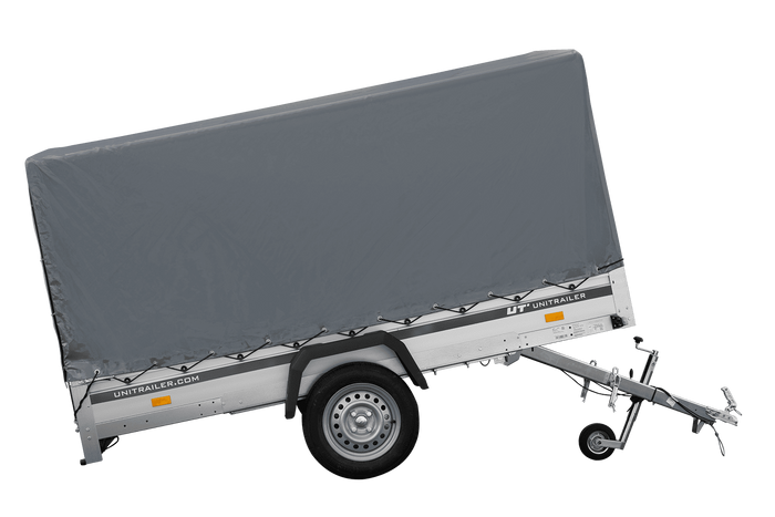 Autotransportanhänger mit Aluminiumseitenwänden 264x150 Unitrailer Garden 265 KIPP ALU mit H-1100 Rahmen und grauer Plane