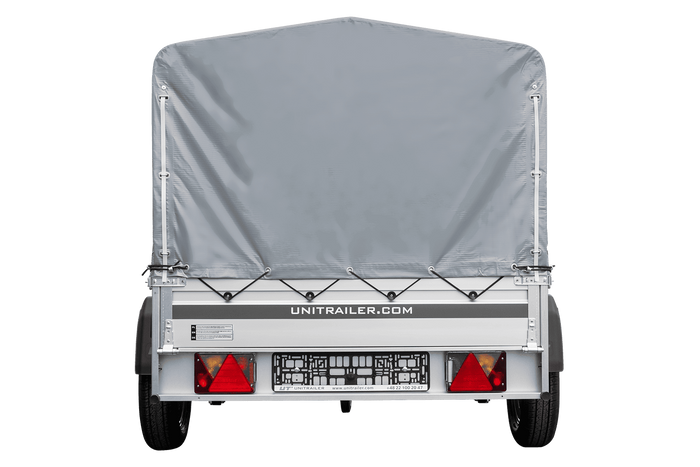 Autotransportanhänger auf Federn mit Aluminiumseitenwänden 200x125 Unitrailer Garden 201/R KIPP ALU mit H-800 Rahmen und grauer Plane