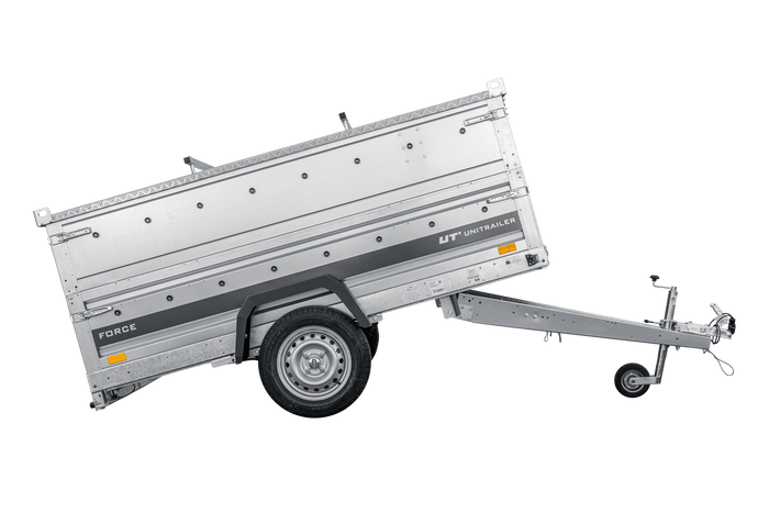 Einachsiger Anhänger auf Blattfedern 230x125 UNITRAILER FORCE 230/R KIPP mit BIS-Seitenwänden und Aluminiumabdeckung