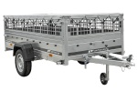 Einachsiger Anhänger auf Blattfedern 264x125 UNITRAILER GARDEN 264/R KIPP mit Gitterseitenwänden, H-0-Rahmen und grauer Plane