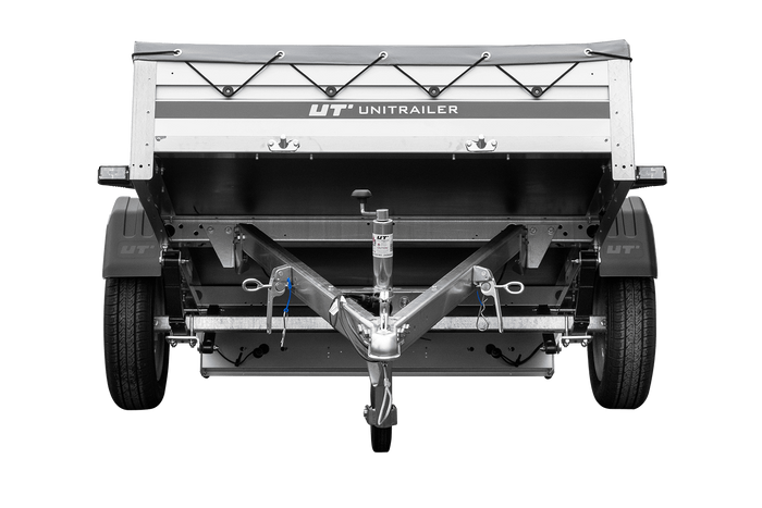 Einachsiger Anhänger auf Blattfedern mit Aluminiumseitenwänden 200x125 Unitrailer Garden 201/R KIPP ALU mit H-0-Rahmen und grauer Plane