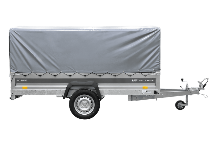 Einachsiger Federanhänger 264x125 UNITRAILER FORCE 264/R KIPP mit H-800 Rahmen und grauer Plane