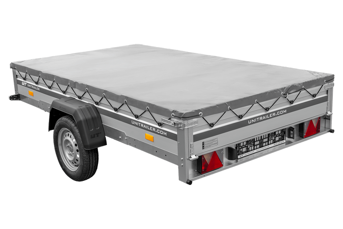 Autotransportanhänger mit Aluminiumseitenwänden 264x150 Unitrailer Garden 265 KIPP ALU mit H-0-Rahmen und grauer Plane