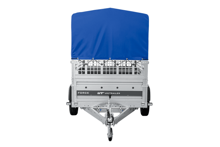 Autotransportanhänger auf Federn 230x125 UNITRAILER FORCE 230/R KIPP mit Gitterwänden, H-800 Rahmen und blauer Plane