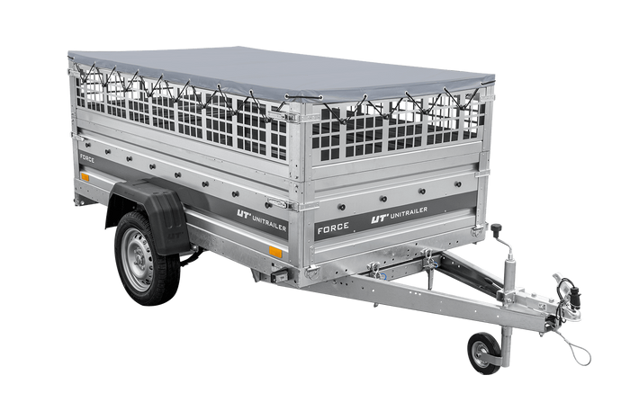 Leichter Anhänger auf Federn 230x125 UNITRAILER FORCE 230/R KIPP mit Gitterwänden, H-0-Rahmen und grauer Plane