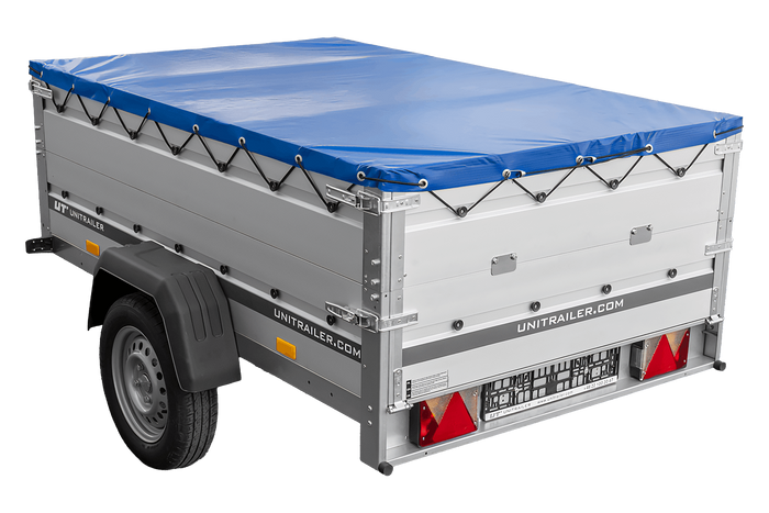 Autotransportanhänger mit Aluminiumwänden 200x125 Unitrailer Garden 201 KIPP ALU mit BIS-Seitenwänden, H-0-Rahmen und blauer Plane