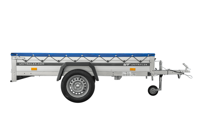 Einachsanhänger mit Aluminiumseitenwänden 230x125 Unitrailer Garden 230 KIPP ALU mit H-0-Rahmen und blauer Plane