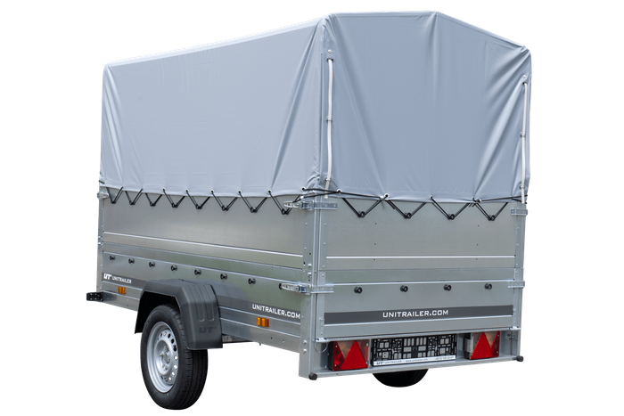 PKW-Anhänger 230x125 UNITRAILER GARDEN 230 KIPP mit Zusatzbordwändenund grauer Hochplane 80 cm
