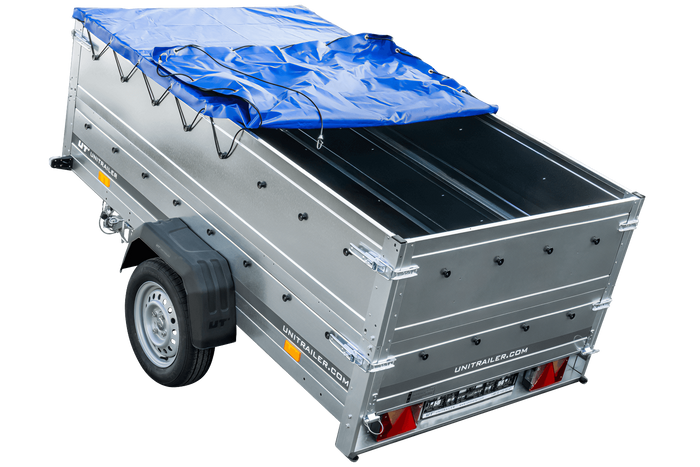 Anhänger mit faltbarer Deichsel GARDEN TRAILER 230 KIPP mit zusätzlichen Bordwänden, Stützrad und blauer Flachplane