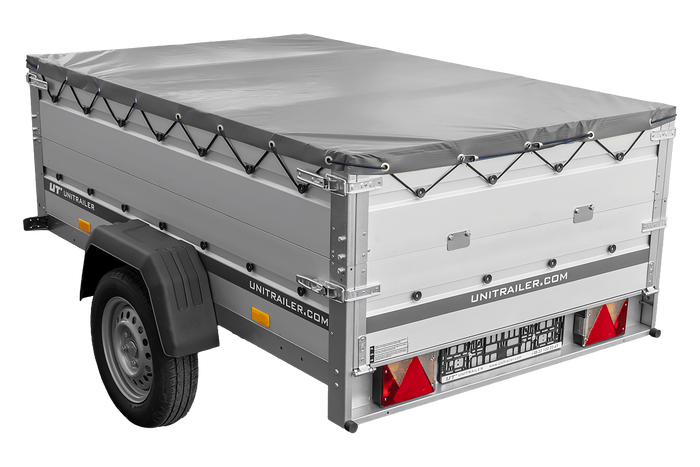 Autotransportanhänger mit Aluminiumwänden 200x125 Unitrailer Garden 201 KIPP ALU mit BIS-Seitenwänden, H-0-Rahmen und grauer Plane