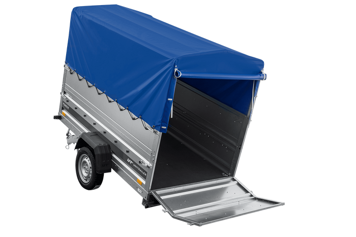 Autotransportanhänger 230x125 UNITRAILER FORCE 230 KIPP mit BIS-Seitenwänden, H-800-Rahmen und blauer Plane