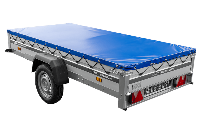 Autotransportanhänger mit Aluminiumseitenwänden 264x125 Unitrailer Garden 264 KIPP ALU mit H-0-Rahmen und blauer Plane