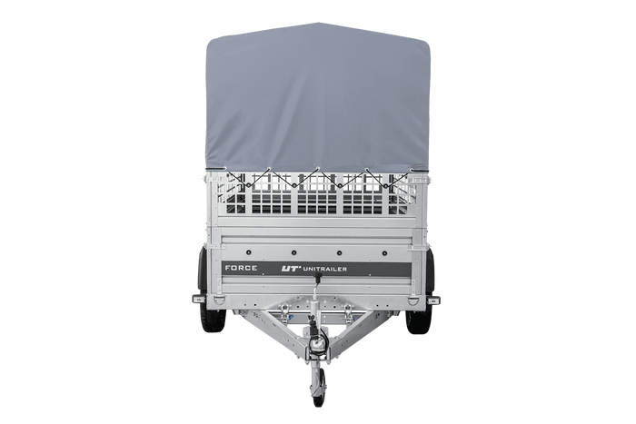 Autotransportanhänger auf Federn 230x125 UNITRAILER FORCE 230/R KIPP mit Gitterwänden, H-800 Rahmen und grauer Plane