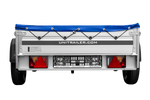 Einachsiger Anhänger auf Blattfedern mit Aluminiumseitenwänden 200x125 Unitrailer Garden 201/R KIPP ALU mit H-0-Rahmen und blauer Plane