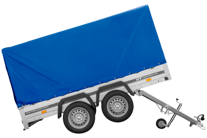 Przyczepka dwuosiowa 264x125 UNITRAILER GARDEN 264/2 KIPP ze stelażem H-1100 i plandeką niebieską