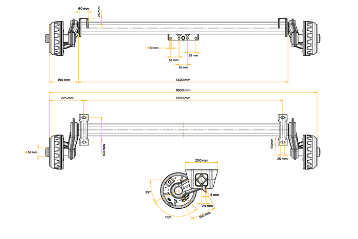 KNOTT VGB13 gebremste Achse für Anhänger/Autotransporter 1350 kg 1350 mm 1800 mm 5x112