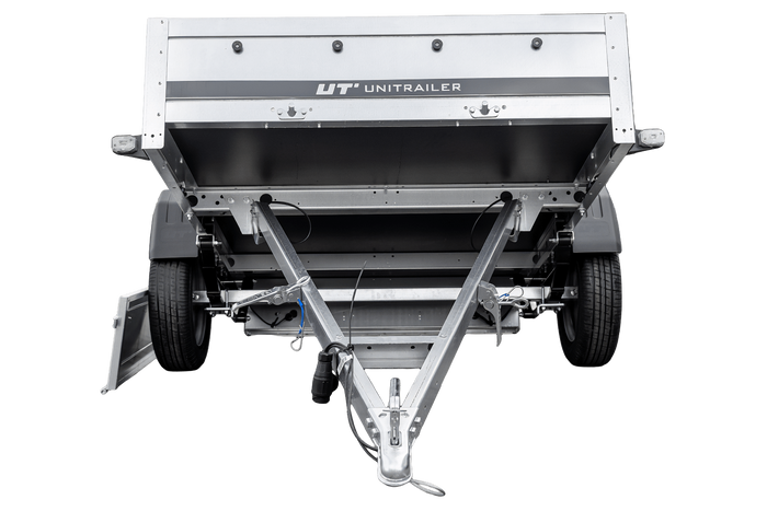 Einachsanhänger auf Blattfedern 230x125 UNITRAILER GARDEN 230/R KIPP mit H-800-Rahmen und grauer Plane