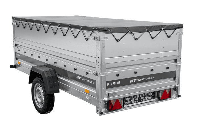 Leichter Anhänger 264x125 UNITRAILER FORCE 264 KIPP mit BIS-Seitenwänden, H-0-Rahmen und grauer Plane