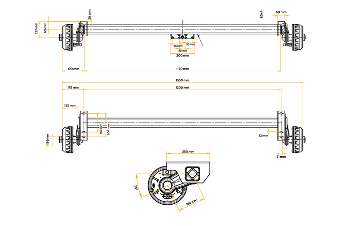 KNOTT VGB13M gebremste Achse für Anhänger/Autotransporter 1350 kg 1200 mm 1550 mm 5x112