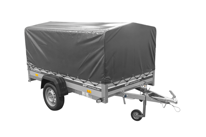 Einachsanhänger mit Aluminiumseitenwänden 230x125 Unitrailer Garden 230 KIPP ALU mit H-800 Rahmen und grauer Plane