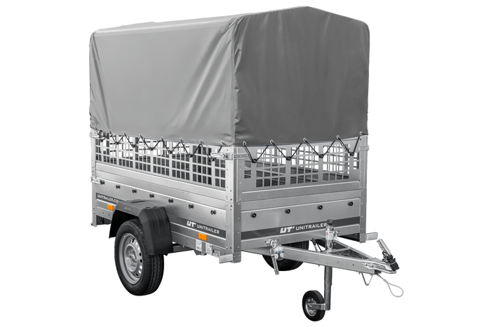 Autotransportanhänger 200x106 UNITRAILER GARDEN 200 KIPP mit Gitterwänden, H-800 Rahmen und grauer Plane
