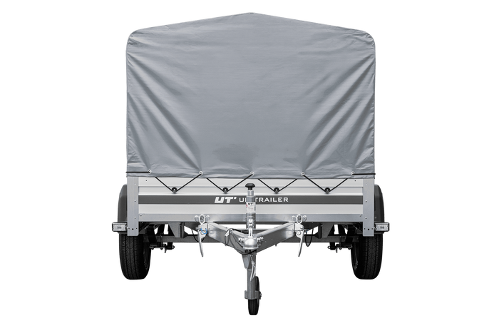 Autotransportanhänger auf Federn mit Aluminiumseitenwänden 200x125 Unitrailer Garden 201/R KIPP ALU mit H-800 Rahmen und grauer Plane