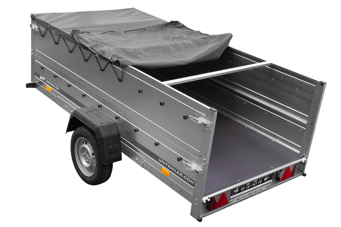 Einachsanhänger auf Federn 264x125 UNITRAILER GARDEN 264/R KIPP mit BIS-Seiten, H-0-Rahmen und grauer Plane