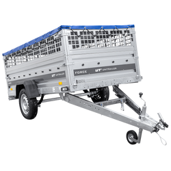 Einachsiger Anhänger auf Blattfedern 264x125 UNITRAILER FORCE 264/R KIPP mit Gitterseitenwänden, H-0-Rahmen und blauer Plane