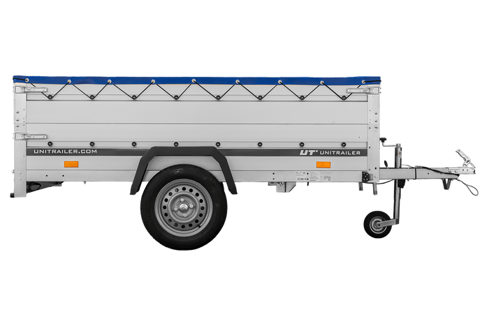 Einachsanhänger mit Aluminiumseitenwänden 230x125 Unitrailer Garden 230 KIPP ALU mit BIS-Seitenwänden, H-0-Rahmen und blauer Plane