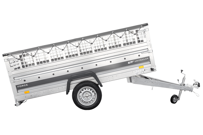 Einachsanhänger 264x125 UNITRAILER FORCE 264 KIPP mit Gitterwänden, H-0-Rahmen und grauer Plane