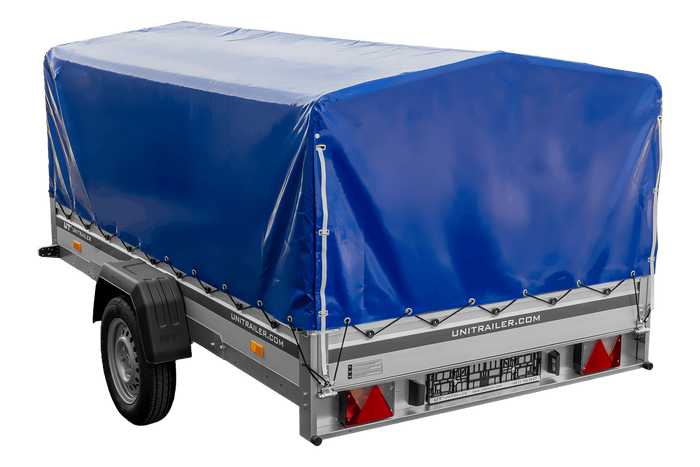 Einachsanhänger mit Aluminiumseitenwänden 264x150 Unitrailer Garden 265 KIPP ALU mit H-800 Rahmen und blauer Plane