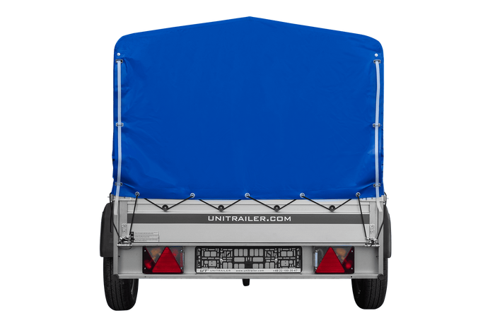 Einachsanhänger mit Aluminiumseitenwänden 200x125 Unitrailer Garden 201 KIPP ALU mit H-800 Rahmen und blauer Plane