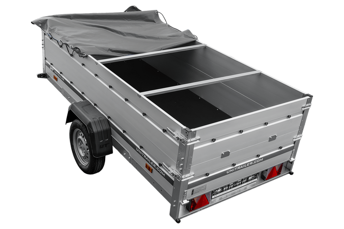 Einachsanhänger mit Aluminiumseitenwänden 264x125 Unitrailer Garden 264 KIPP ALU mit BIS-Seitenwänden, H-0-Rahmen und grauer Plane