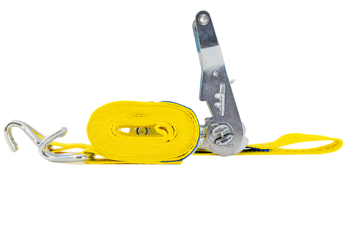Satz aus vier gelben UNITRAILER 3m/25mm/1t Transportgurten mit Spannvorrichtung