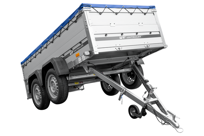 Zweiachsiger Anhänger mit Aluminiumseitenwänden 264x125 Unitrailer Garden 264/2 KIPP ALU mit BIS-Seitenwänden, H-0-Rahmen und blauer Plane