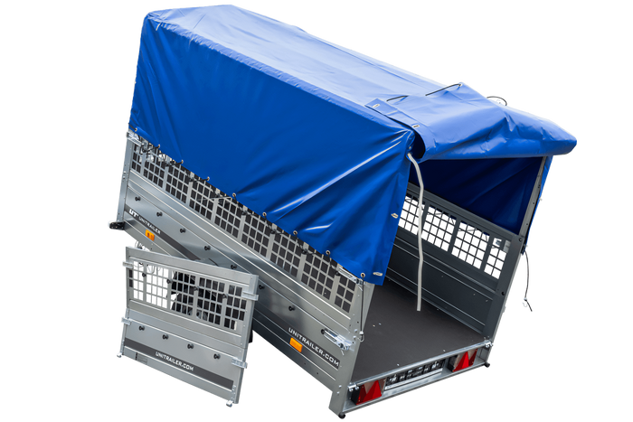 PKW-Anhänger 230x125 UNITRAILER GARDEN 230 KIPP mit Gitterseitenwänden und blauer Hochplane 80 cm