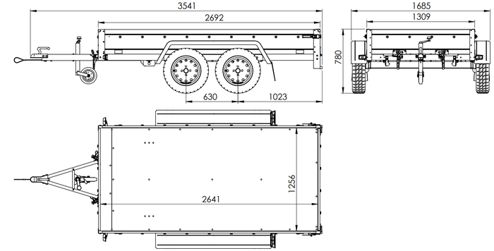 GARDEN TRAILER 264/2 KIPP MIT STÜTZRAD, GRAUE FLACHPLANE UND PLANENTRÄGER