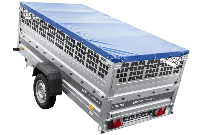 Einachsanhänger 264x125 UNITRAILER FORCE 264 KIPP mit Gitterwänden, H-0-Rahmen und blauer Plane