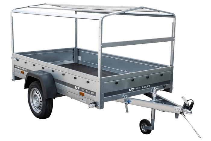 PKW-Anhänger 230x125 UNITRAILER GARDEN 230 KIPP mit Spriegel 80 cm und grauer Hochplane